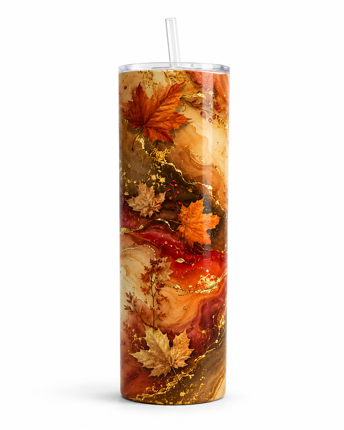 Originé autumn marble tumbler with orange leaves and gold accents