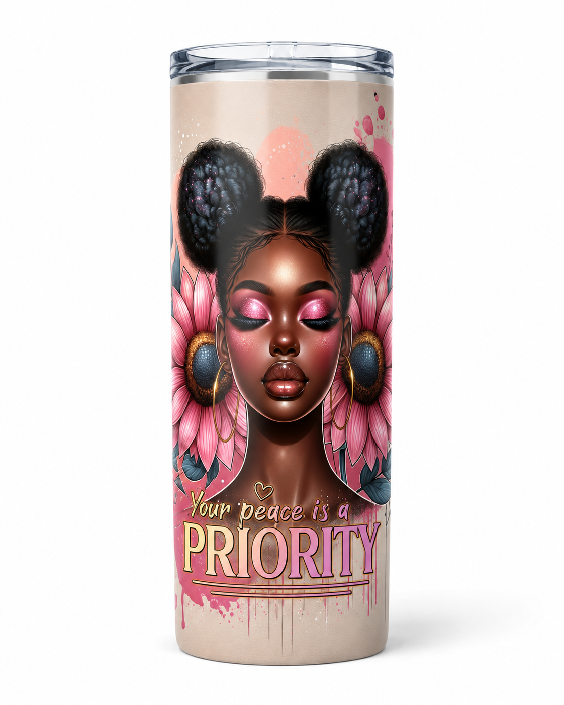 Your Peace Is a Priority Tumbler — A pink floral statement design featuring the words “Your peace is a priority