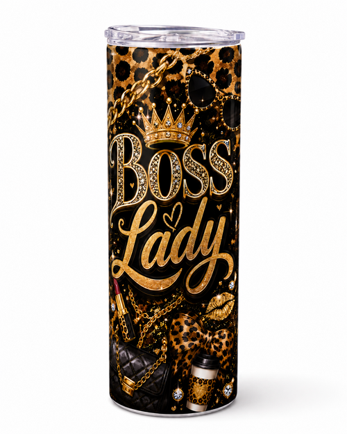 Boss Lady Tumbler — A bold black-and-gold leopard-print tumbler with a “Boss Lady” message
