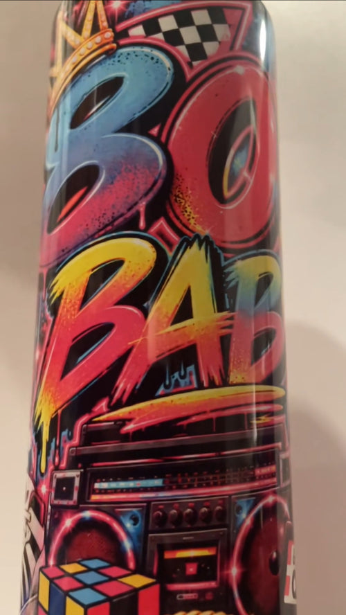 80s Baby personalized tumbler, front with colourful retro lettering and boombox