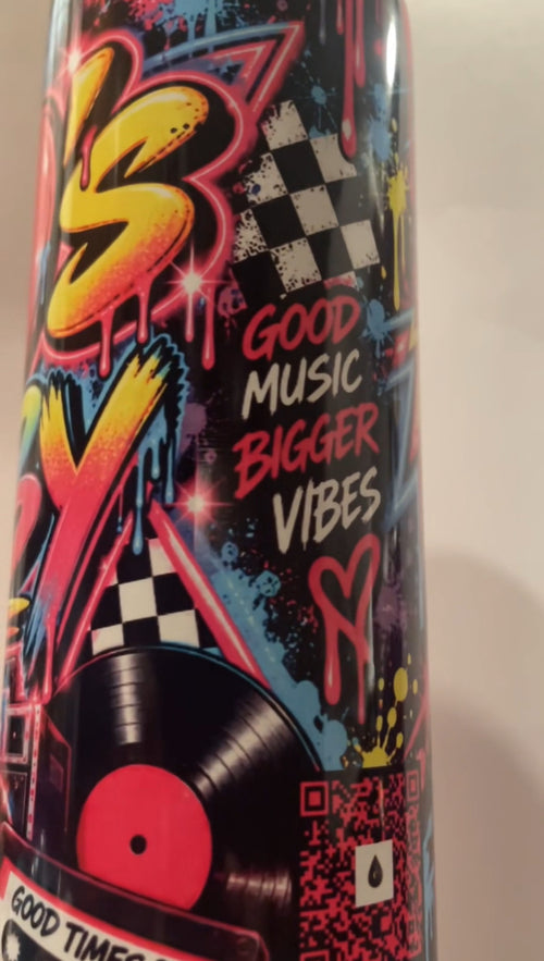 80s Baby personalized tumbler, reverse with Good Music Bigger Vibes artwork