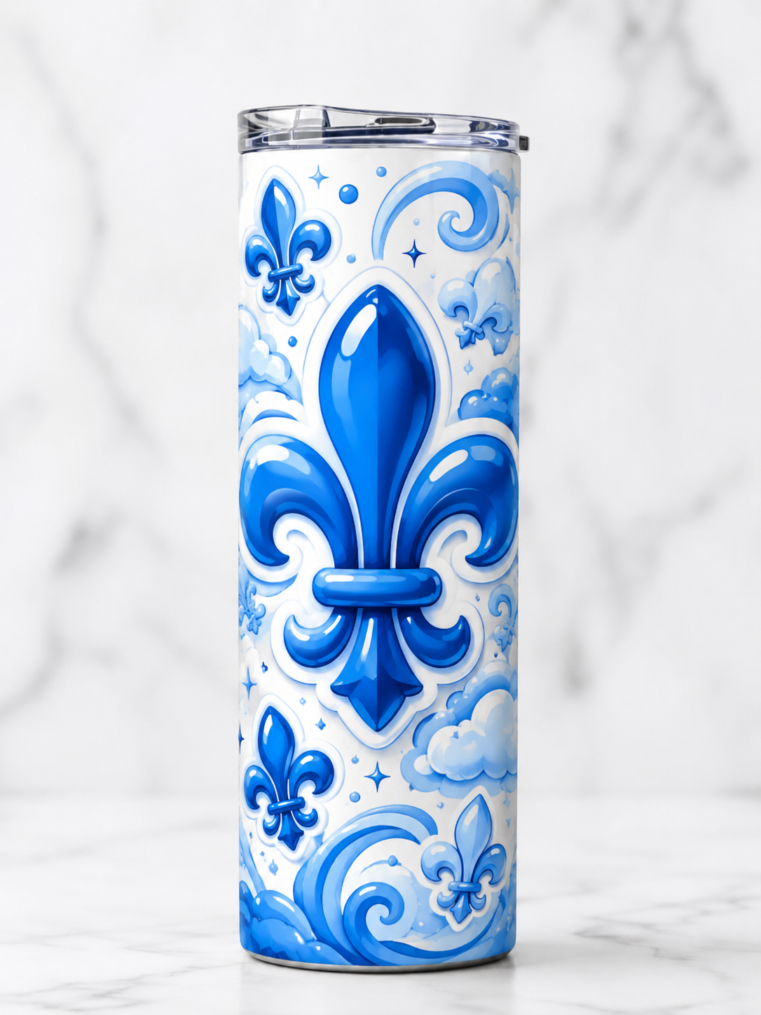 Québec Fleur-de-Lis Tumbler — Blue-and-white fleur-de-lis artwork inspired by Québec