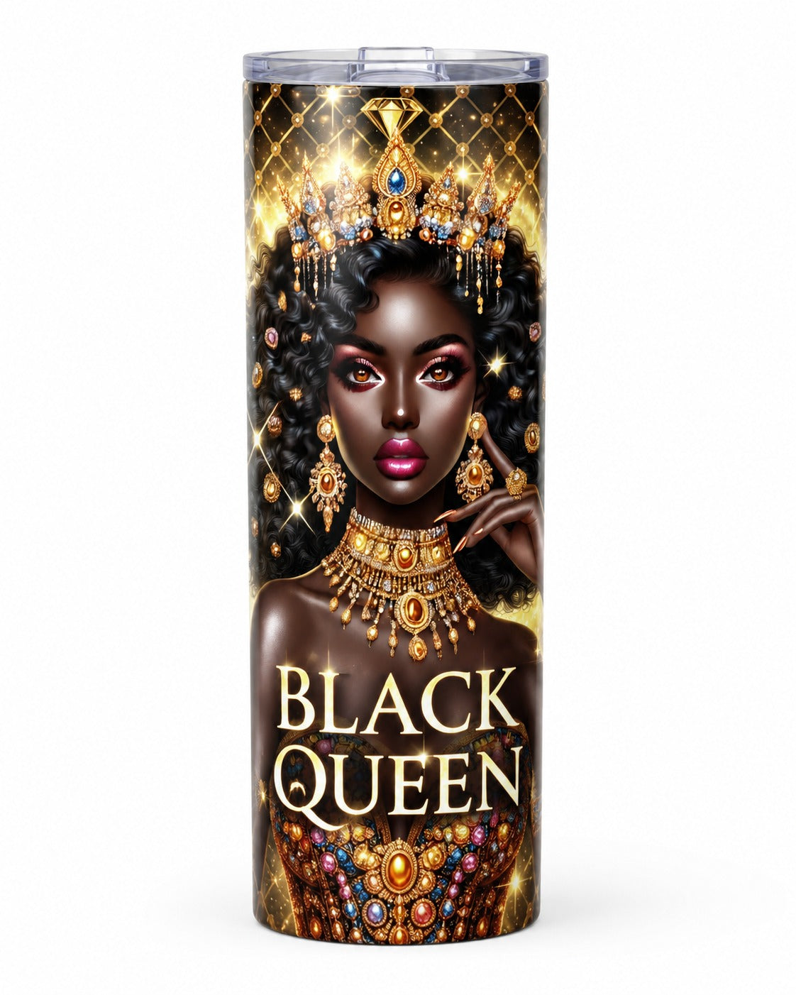 Black Queen Tumbler — A regal portrait design celebrating Black queens with rich gold details