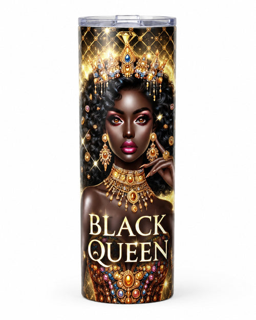 Black Queen Tumbler — A regal portrait design celebrating Black queens with rich gold details