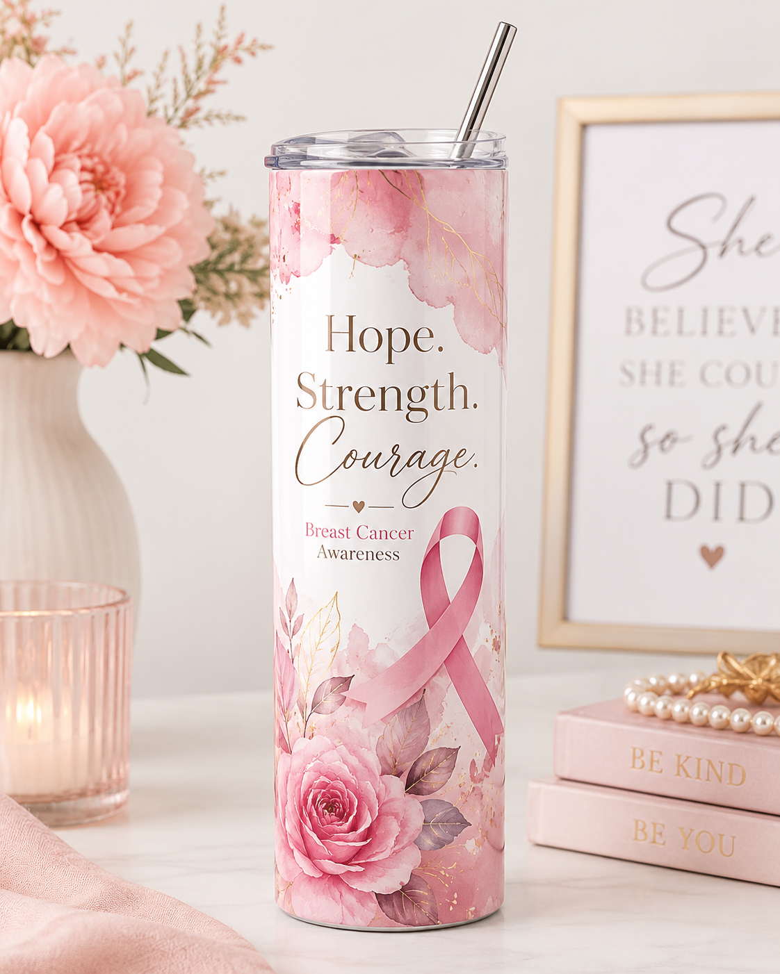 Hope, Strength & Courage Tumbler — A pink-ribbon design featuring the words “Hope, Strength & Courage