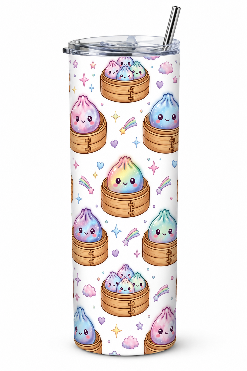 Originé tumbler with colourful smiling dumplings in bamboo steamers