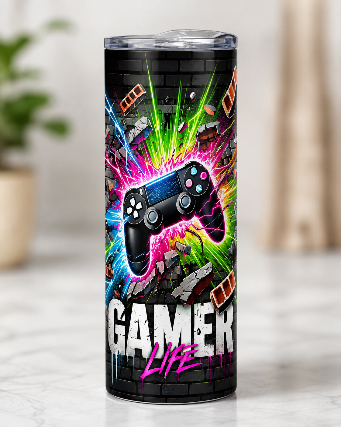 Gamer Tumbler — A high-energy gamer design with a colourful controller and neon-inspired graphics